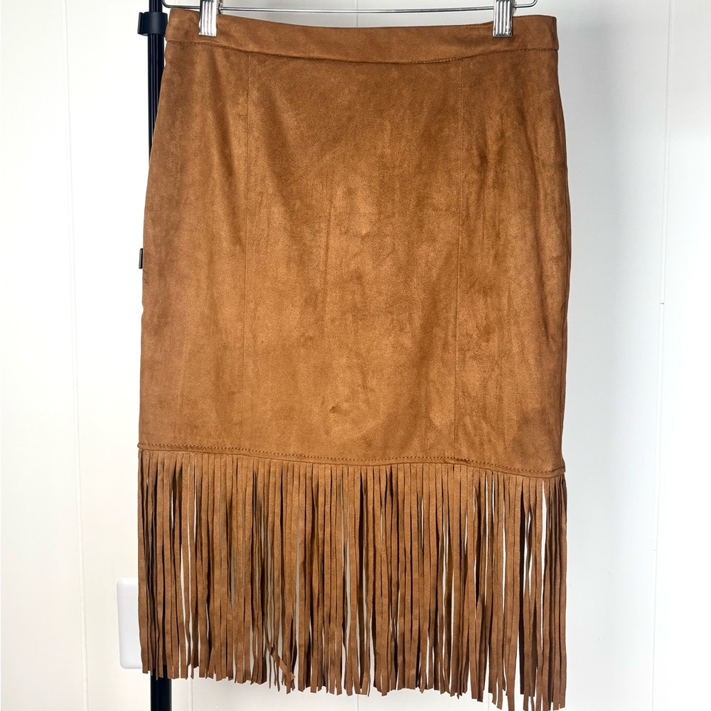 Brown Faux Suede Fringe Midi Skirt Size S cowgirl rodeo festival